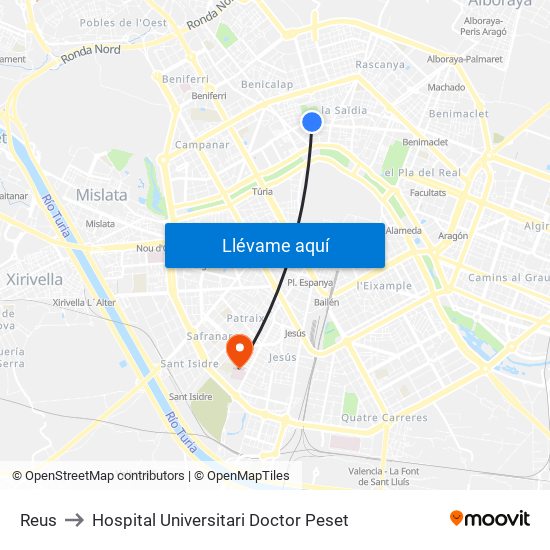 Reus to Hospital Universitari Doctor Peset map