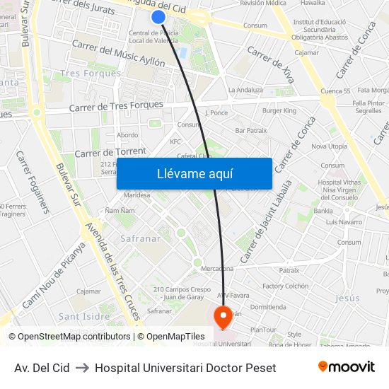 Av. Del Cid to Hospital Universitari Doctor Peset map