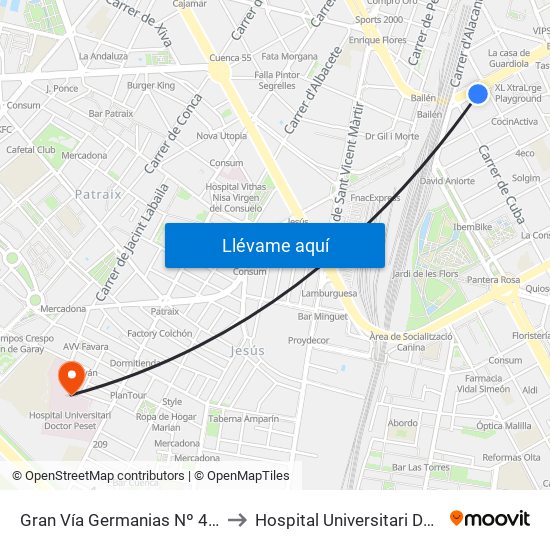 Gran Vía Germanias Nº 41 [València] to Hospital Universitari Doctor Peset map
