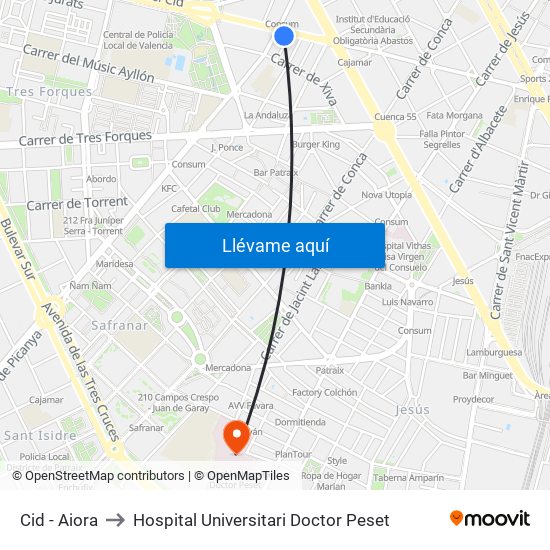 Cid - Aiora to Hospital Universitari Doctor Peset map