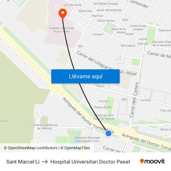 Sant Marcel·Lí to Hospital Universitari Doctor Peset map