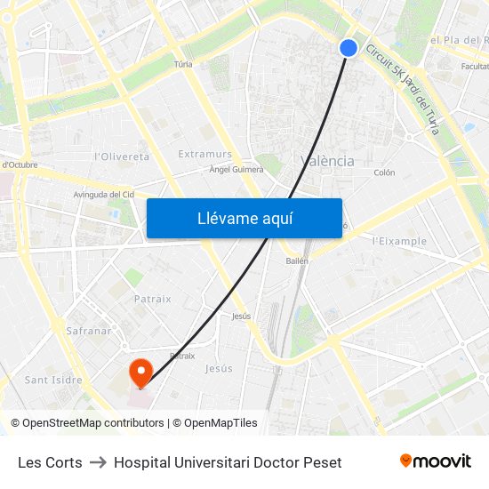 Les Corts to Hospital Universitari Doctor Peset map