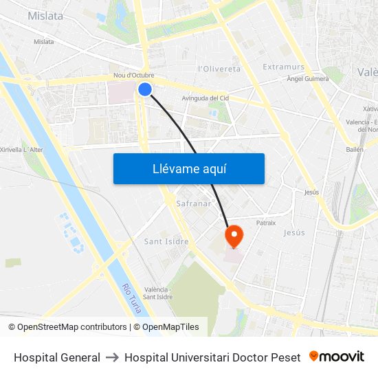 Hospital General to Hospital Universitari Doctor Peset map