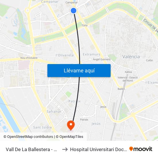 Vall De La Ballestera - Campanar to Hospital Universitari Doctor Peset map