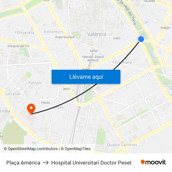 Plaça Amèrica to Hospital Universitari Doctor Peset map