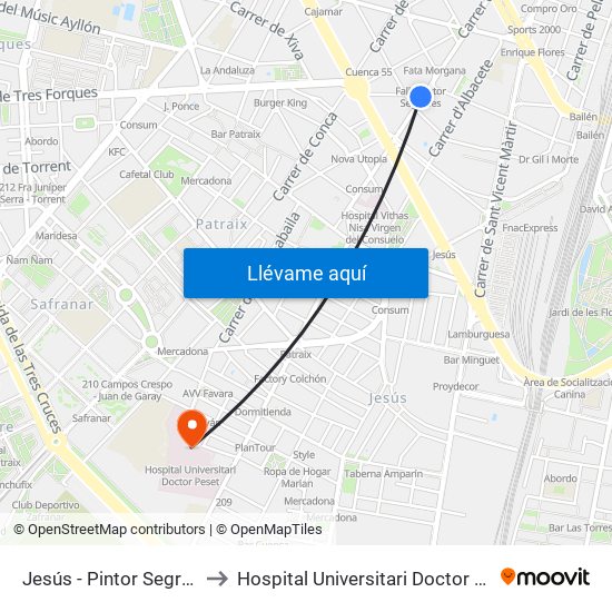 Jesús - Pintor Segrelles to Hospital Universitari Doctor Peset map