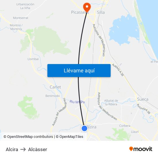 Alcira to Alcàsser map