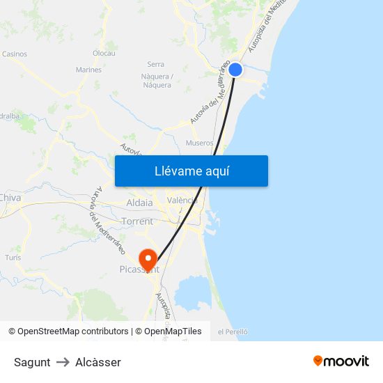 Sagunt to Alcàsser map