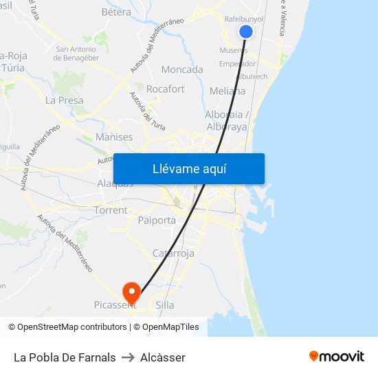 La Pobla De Farnals to Alcàsser map