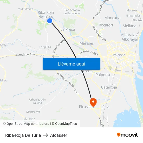 Riba-Roja De Túria to Alcàsser map