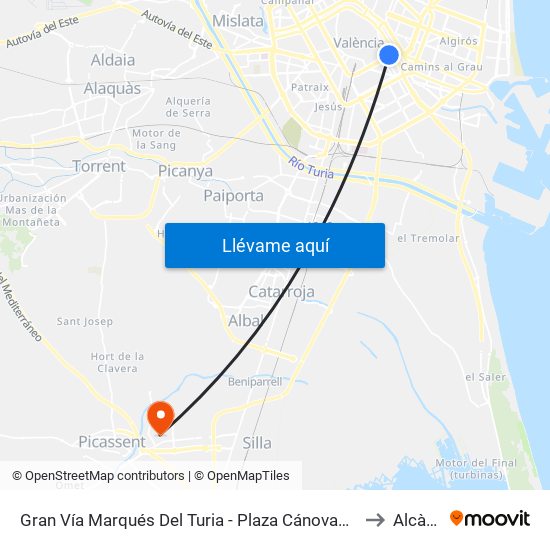 Gran Vía Marqués Del Turia - Plaza Cánovas, Front [València] to Alcàsser map