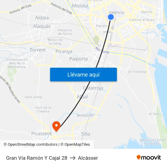 València. Ramón Y Cajal (Parell) - Jesús to Alcàsser map