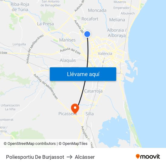 Poliesportiu De Burjassot to Alcàsser map
