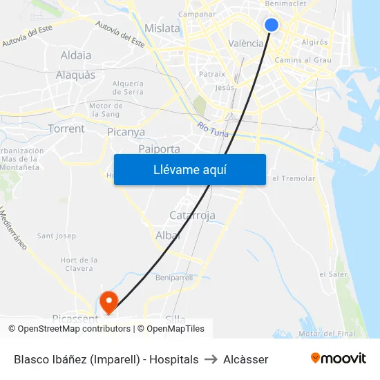 Blasco Ibáñez (Imparell) - Hospitals to Alcàsser map