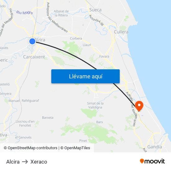 Alcira to Xeraco map