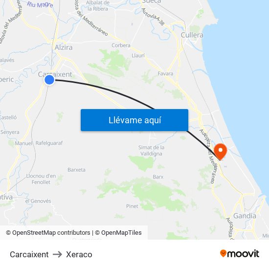 Carcaixent to Xeraco map