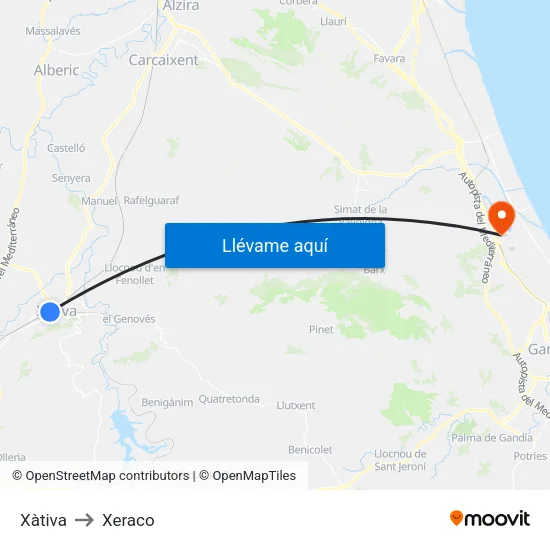 Xàtiva to Xeraco map