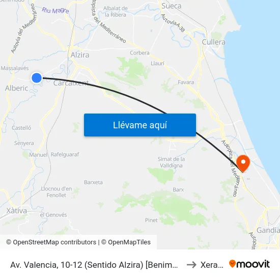 Av. Valencia, 10-12 (Sentido Alzira) [Benimuslem] to Xeraco map
