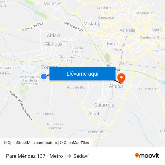 Padre Méndez - Metro to Sedaví map