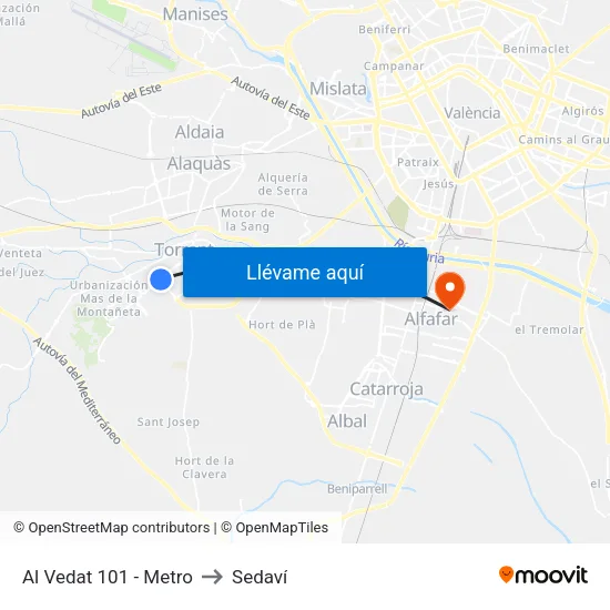 Torrent. Al Vedat 101 (Metro) to Sedaví map