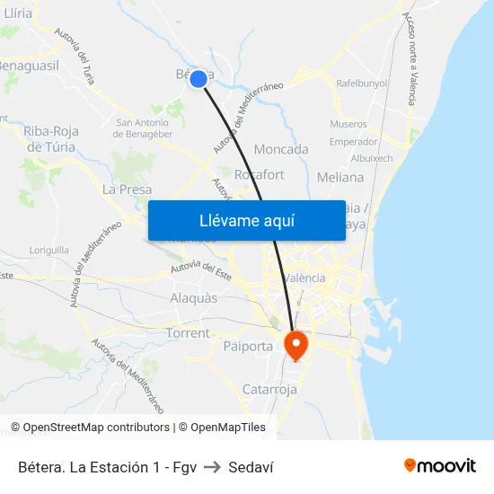 Bétera. La Estación 1 - Fgv to Sedaví map