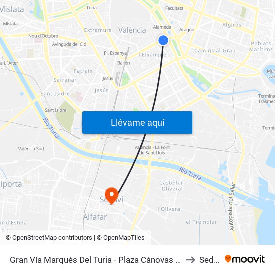 Gran Vía Marqués Del Turia - Plaza Cánovas  [València] to Sedaví map
