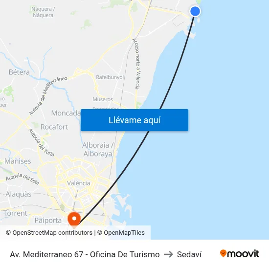 Av. Mediterraneo 67 - Oficina De Turismo to Sedaví map