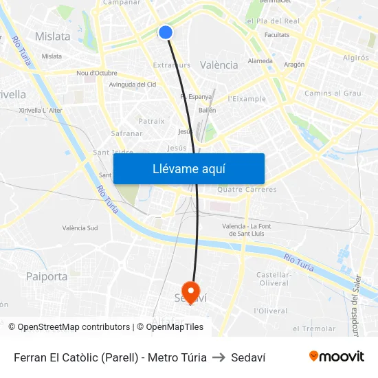 València. Ferran El Catòlic (Parell) - Metro Túria to Sedaví map