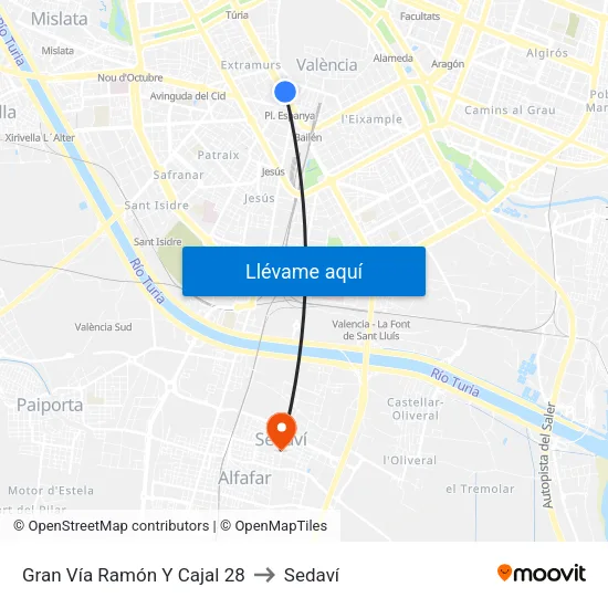 València. Ramón Y Cajal (Parell) - Jesús to Sedaví map