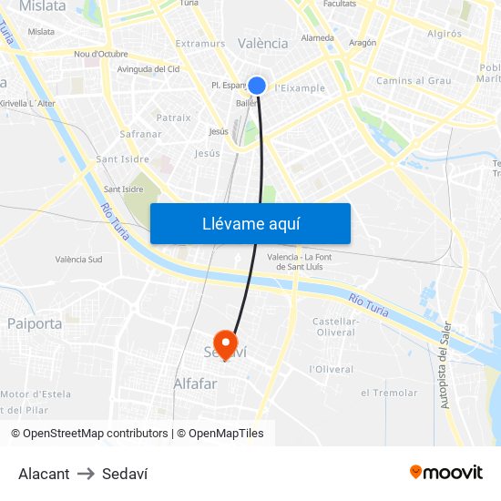 Alacant to Sedaví map