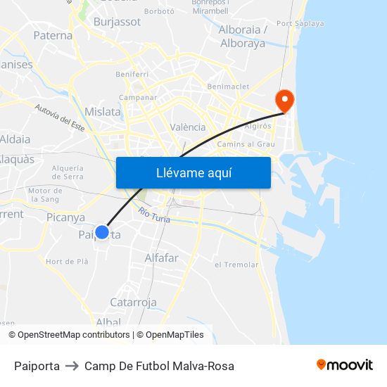 Paiporta to Camp De Futbol Malva-Rosa map