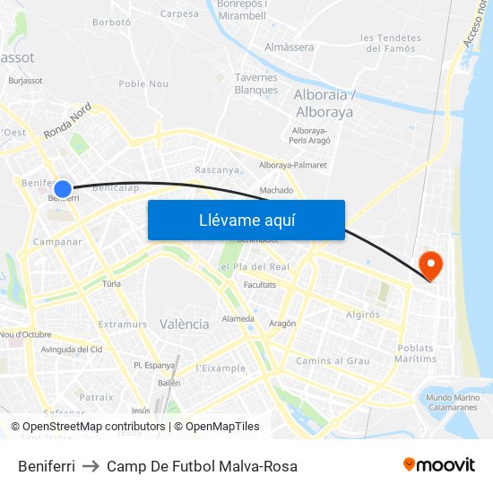 Beniferri to Camp De Futbol Malva-Rosa map