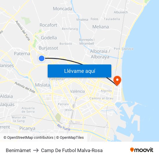 Benimàmet to Camp De Futbol Malva-Rosa map