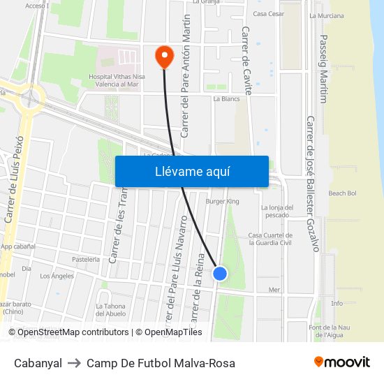 Cabanyal to Camp De Futbol Malva-Rosa map