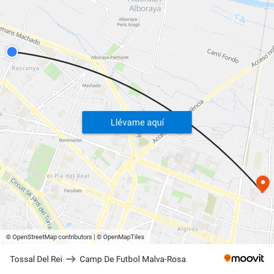 Tossal Del Rei to Camp De Futbol Malva-Rosa map