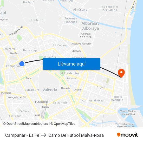 Campanar - La Fe to Camp De Futbol Malva-Rosa map