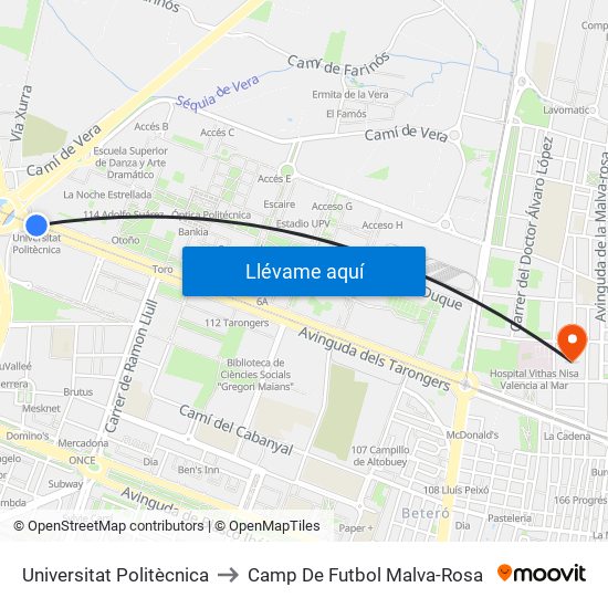 Universitat Politècnica to Camp De Futbol Malva-Rosa map