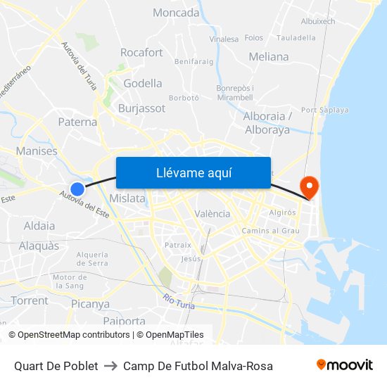Quart De Poblet to Camp De Futbol Malva-Rosa map