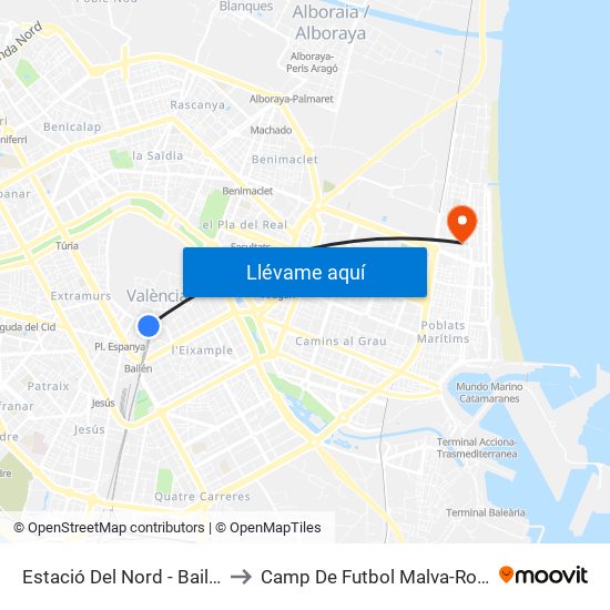 Bailén - Estació Del Nord to Camp De Futbol Malva-Rosa map