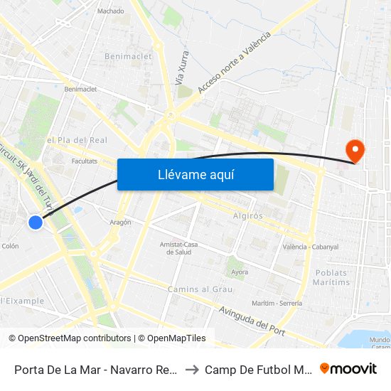 Porta De La Mar - Navarro Reverter (Parell) to Camp De Futbol Malva-Rosa map