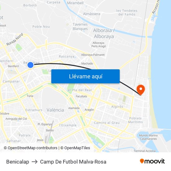 Benicalap to Camp De Futbol Malva-Rosa map