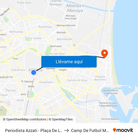 Plaça De L'Ajuntament - Periodista Azzati to Camp De Futbol Malva-Rosa map