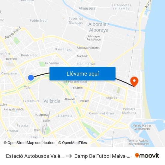 Estació Autobusos València to Camp De Futbol Malva-Rosa map