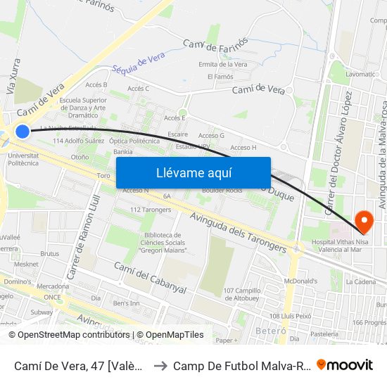 Camí De Vera, 47 [València] to Camp De Futbol Malva-Rosa map