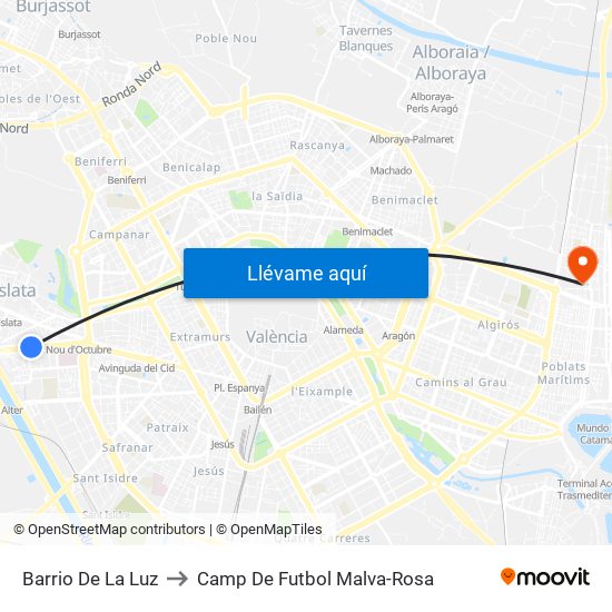 Barrio De La Luz to Camp De Futbol Malva-Rosa map