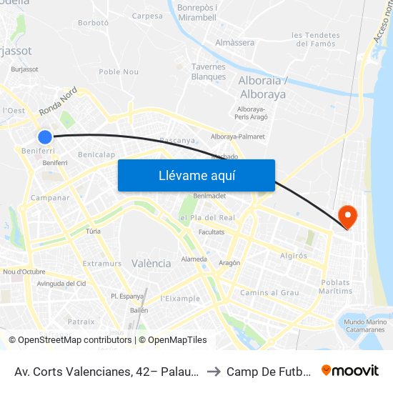 Av. Corts Valencianes, 42– Palau De Congressos [València] to Camp De Futbol Malva-Rosa map