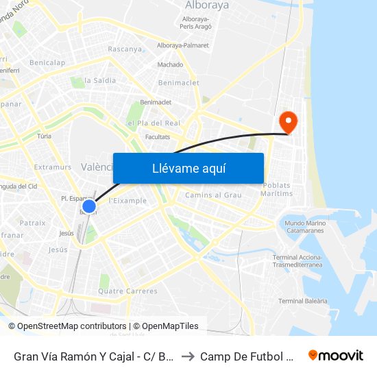Gran Vía Ramón Y Cajal - C/ Bailén [València] to Camp De Futbol Malva-Rosa map