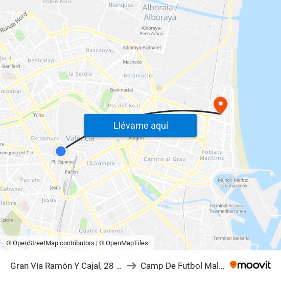 Gran Vía Ramón Y Cajal, 28 [València] to Camp De Futbol Malva-Rosa map