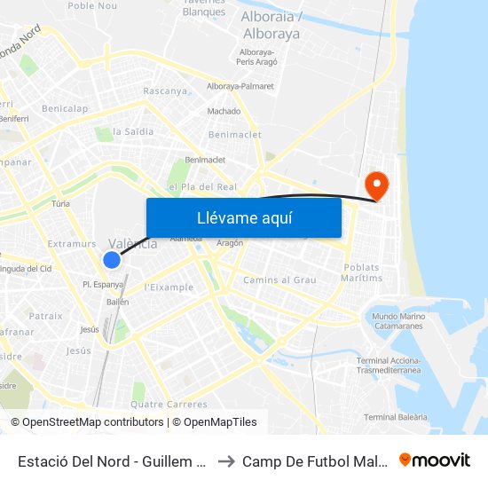 Estació Del Nord - Guillem De Castro to Camp De Futbol Malva-Rosa map