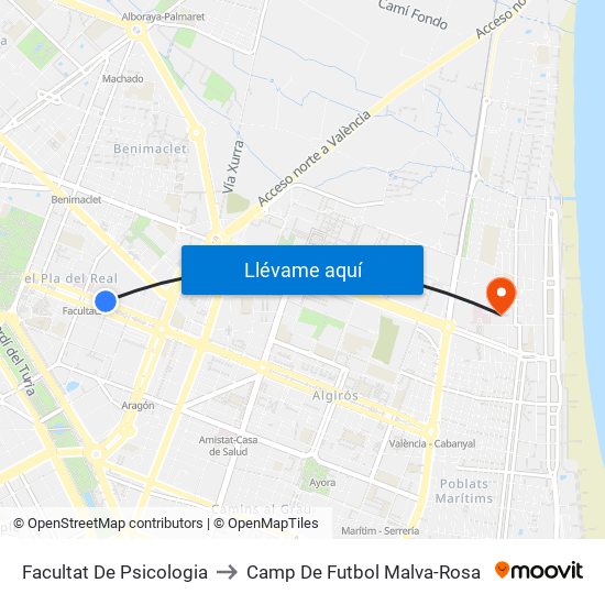 Facultat De Psicologia to Camp De Futbol Malva-Rosa map